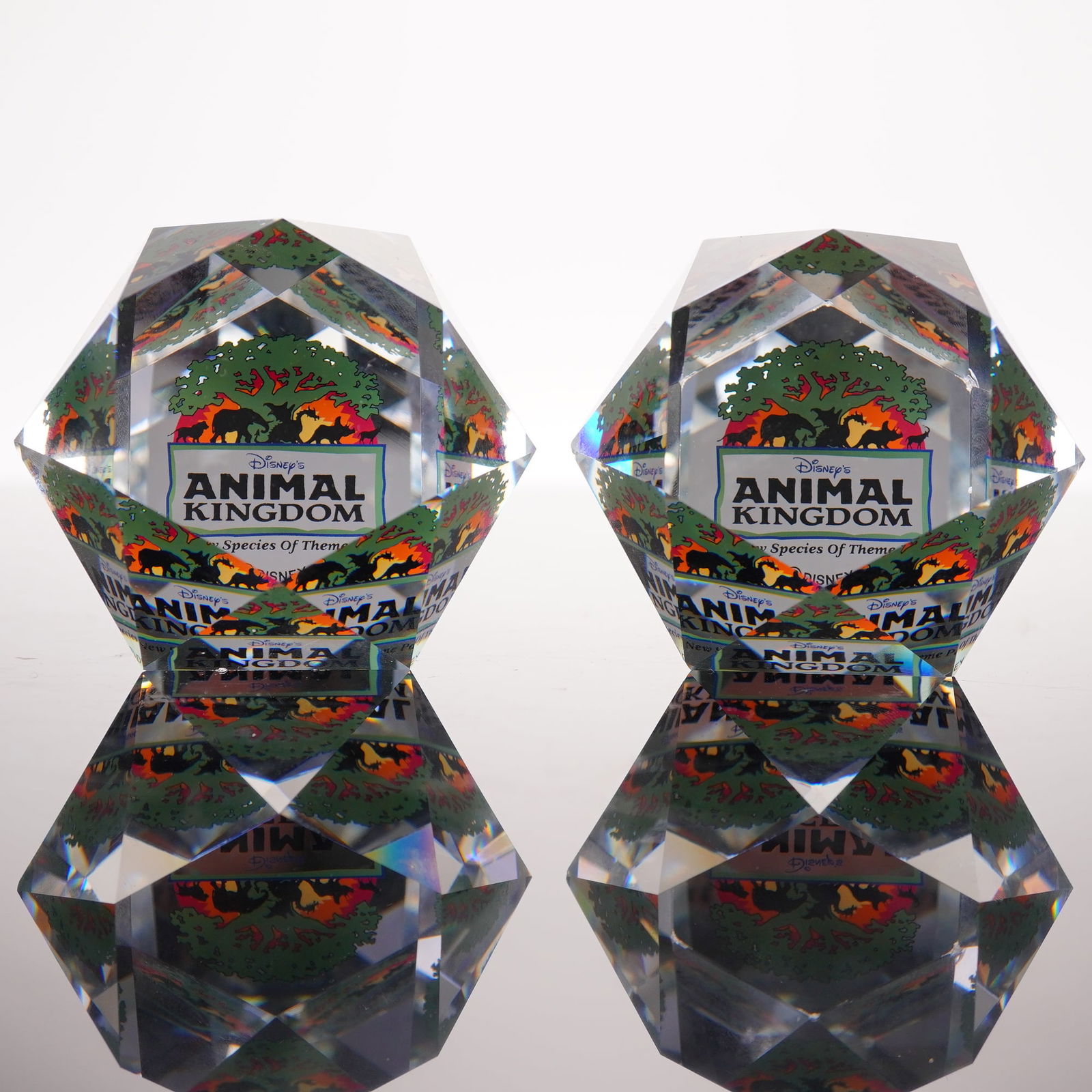 Pair of Swarovski Crystal Paperweights, Disney Animal Kingdom: A pair Disney Animal Kingdom paperweights. Each clear, faceted crystal object is shaped as a geometric solid, possibly an elongated octahedron or similar bipyramid. Encased within each is a colorful g