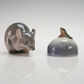 2pc Royal Copenhagen Figurines, Frog on Stone and Field Mouse Sitting