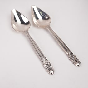 2pc Georg Jensen Sterling Silver Grapefruit Spoons, Acorn
