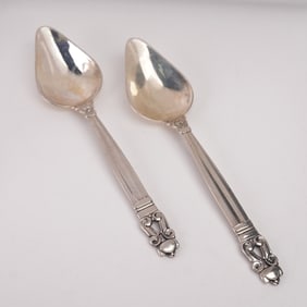 2pc Georg Jensen Sterling Silver Grapefruit Spoons, Acorn
