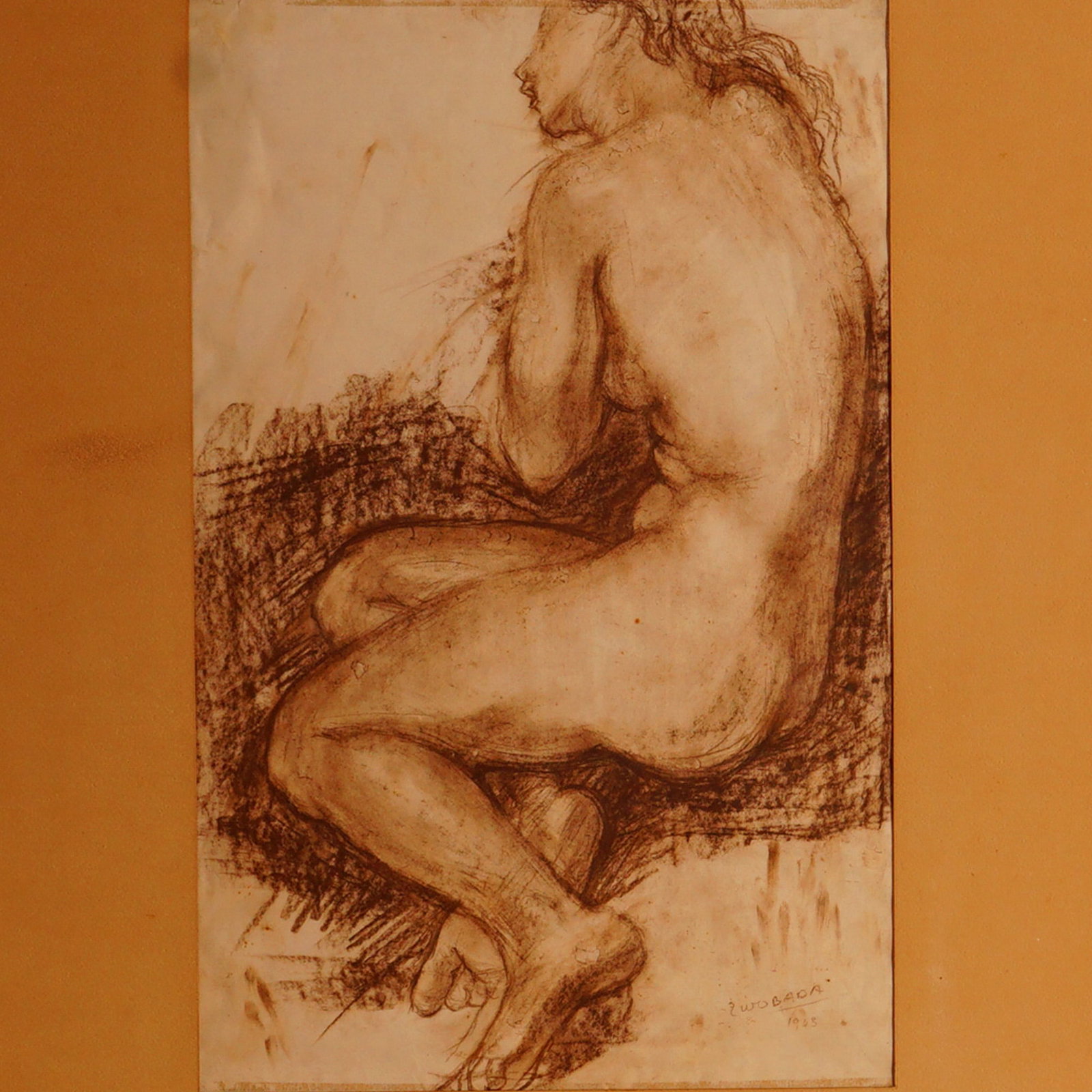 Mid-Century Charcoal Drawing on Paper, Seated Female Nude, Signed Zwobada: Original charcoal on paper figure study of a seated nude woman, signed and dated Zwoboda 1943 at lower right. The artist captures the anatomy and quiet introspection of the model through delicate cont