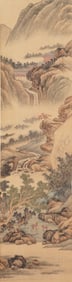 Chinese Ink and Watercolor Landscape on Paper Hanging Scroll