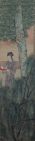 Chinese Ink and Watercolor on Paper Hanging Scroll, Courtly Scene