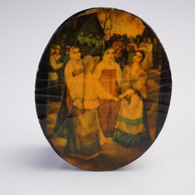 Oval Russian Lacquer Box with Village Dance Scene