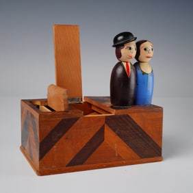 Mid-Century Folk Art Mechanical Wooden Cigarette Dispenser