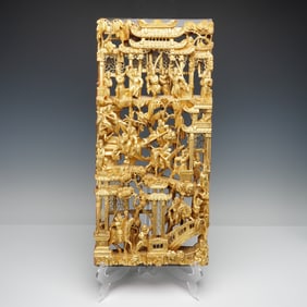 Chinese Gilt Wood Carved Battle and Pavilion Scene Panel