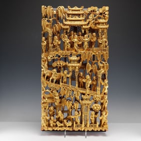 Chinese Gilt Wood Carved Celebration And Pavilion Scene Panel