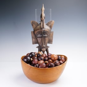3pc African Senufo Mask & Wooden Bowl with Nuts
