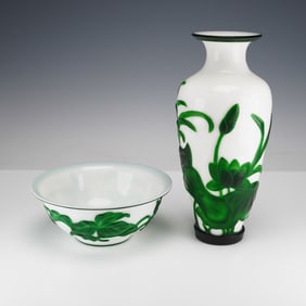 2pc Flora & Fauna Peking Glass Vase & Bowl