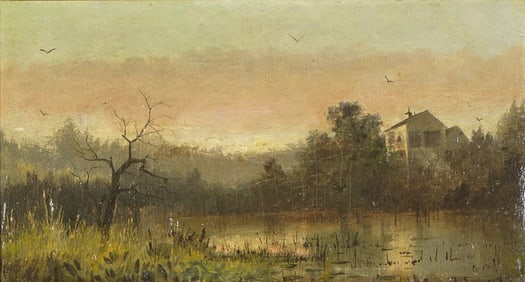 19th c. Original Romanticist Oil on Canvas, Twilight Marsh & Villa, Signed