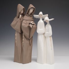 2pc Lladro Porcelain Figurines, Nuns 4611 & Monks at Prayer 5155