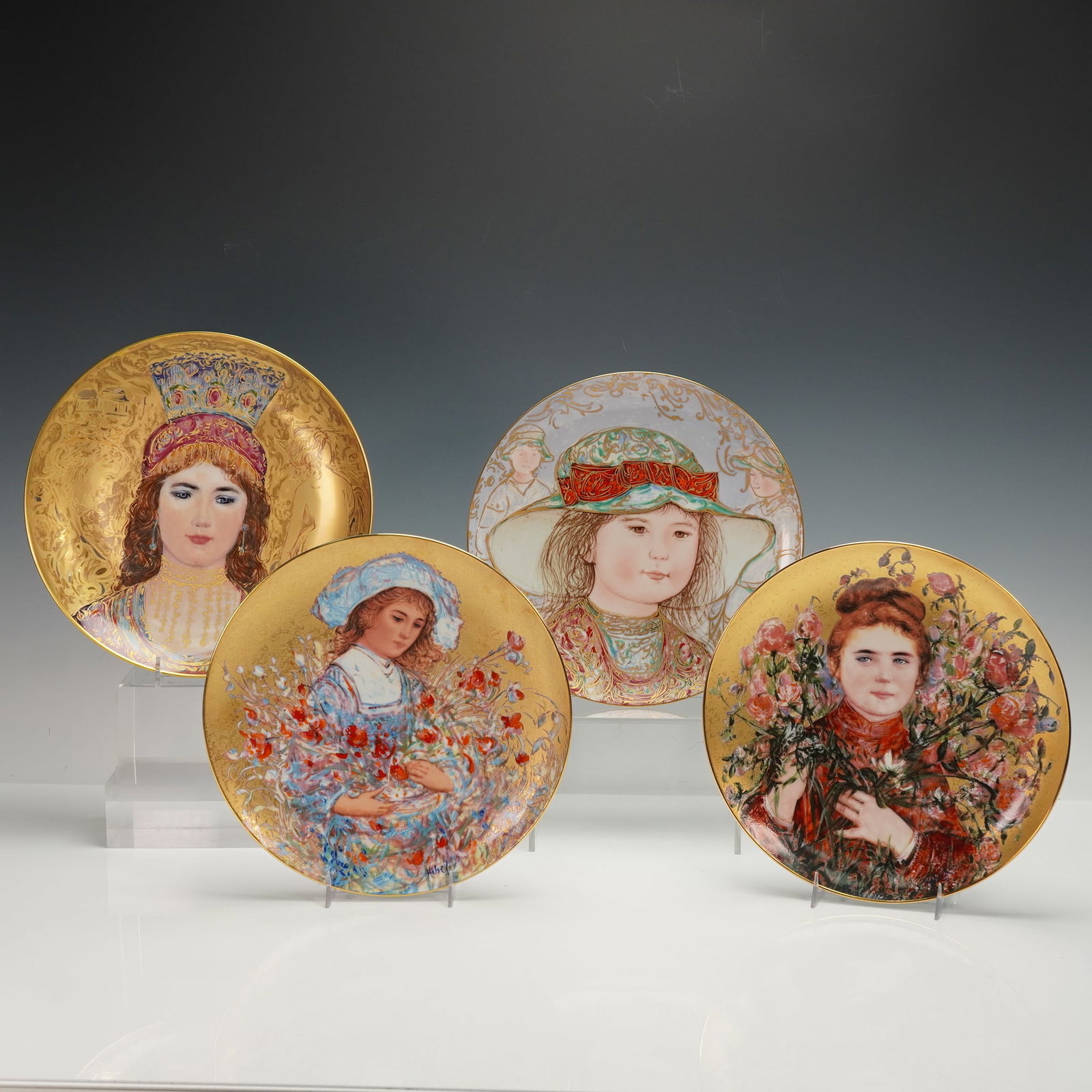 4pc Hibel Studio Porcelain Collector Plates: Four limited edition plates depicting tender portraits of young women and children amid floral surroundings. Includes Wendy no. 5842 of 19500, Rose no. 9355 of 15000, Bathsheba fourth of the "David" s