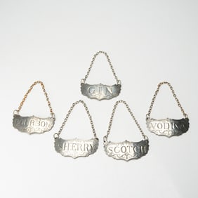 5pc Stieff Pewter Historic Newport Decanter Labels