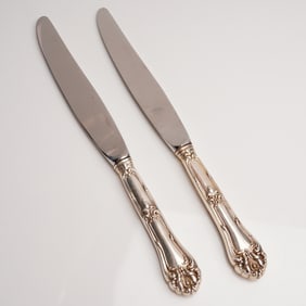 2 Sterling Silver Dinner Knives, Rococo Revival Handles w/ Stainless Blades