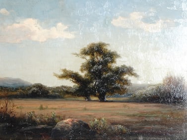 Original 19th c. British Oil on Panel Landscape w/ Oak Tree