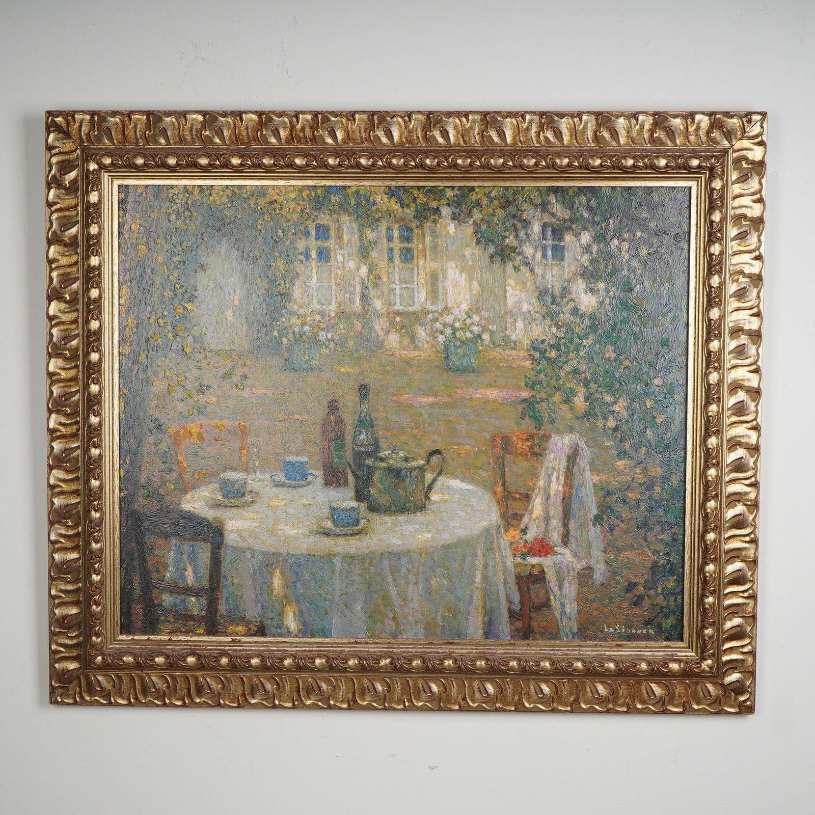 After Henri Le Sidaner, Hand-Enhanced Giclee on Canvas, Table in the Sun: This artist-enhanced reproduction from the Museums of France Brushstrokes Collection captures Henri Le Sidaner's serene and luminous Table in the Sun at Gerberoy. Rendered with textured brushwork that