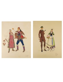 H. & C. Condon, 2pc Costume Design Watercolors & Ink on Paper, Signed