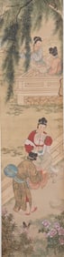 Chinese Ink and Watercolor on Paper Hanging Scroll, Courtly Scene