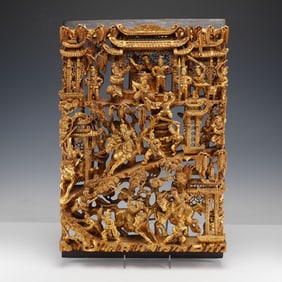Chinese Gilt Wood Carved Battle Procession Panel