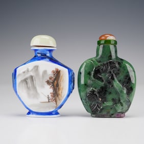 2pc Chinese Porcelain and Carved Stone Snuff Bottles