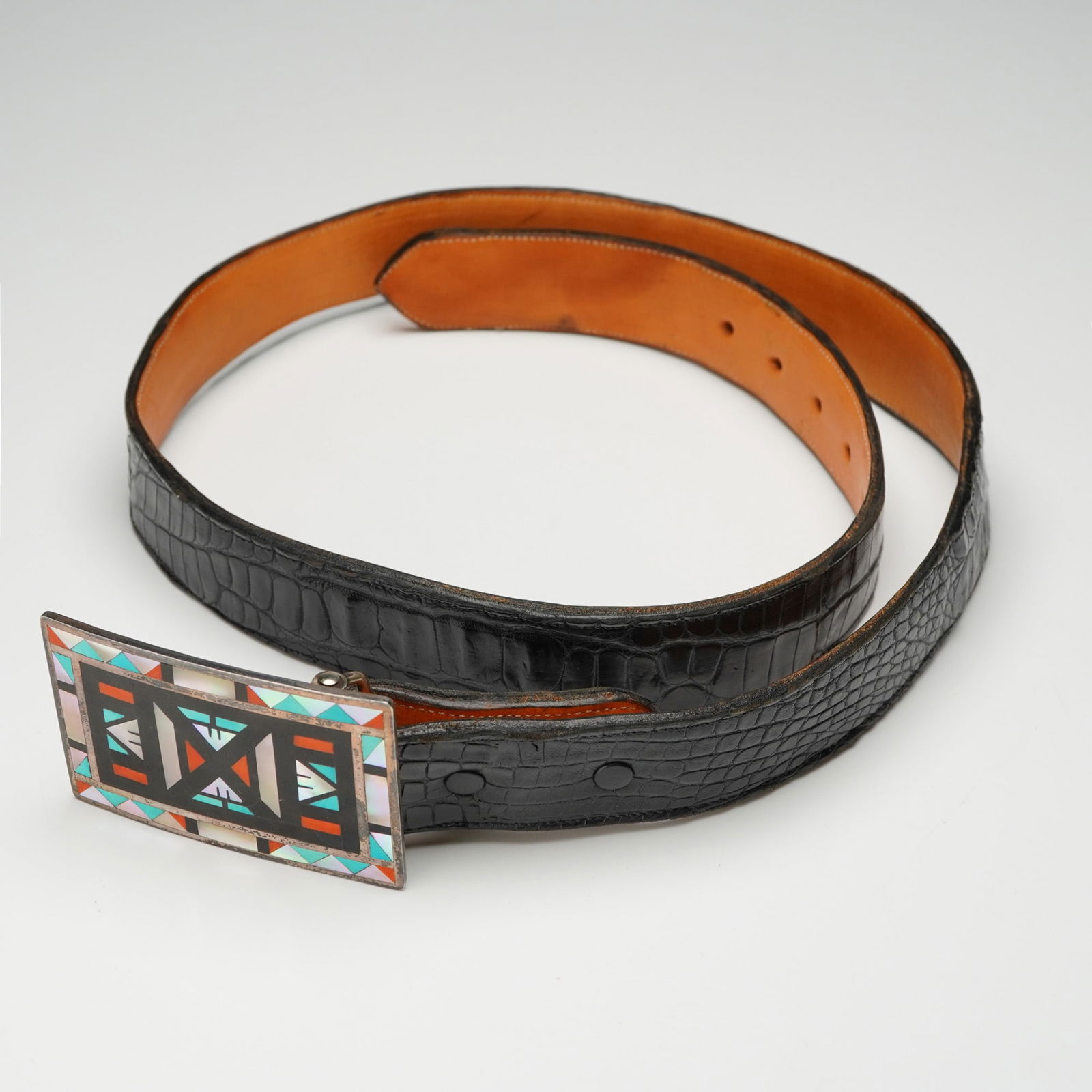 Gary Tucker Multi-Stone Inlay Sterling Silver and Leather Belt Buckle (1 of 6)