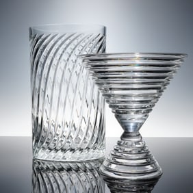 2pc Spiral and Stepped Geometric Clear Art Glass Sculptures