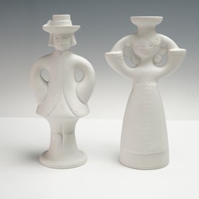 2pc AK Kaiser White Bisque Figural Candlestick Holders