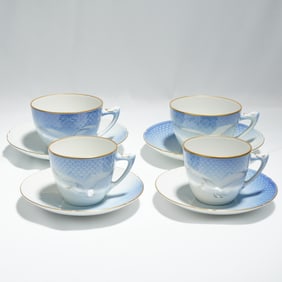 A Set of Four Bing & Grondahl Seagull with Gold Teacups and Saucers