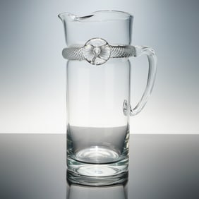Clear Glass Pitcher Applied Textured Band Floral Medallion