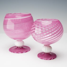 A Pair of Murano Style Pink and White Zanfirico Art Glass Goblets