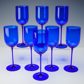 A Collection of 8 Riedel Cobalt Blue Stemmed Wine Glasses