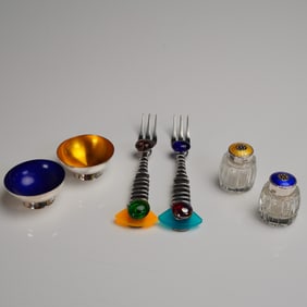 A Collection of Six Danish Sterling Silver and Enamel Condiment Pieces