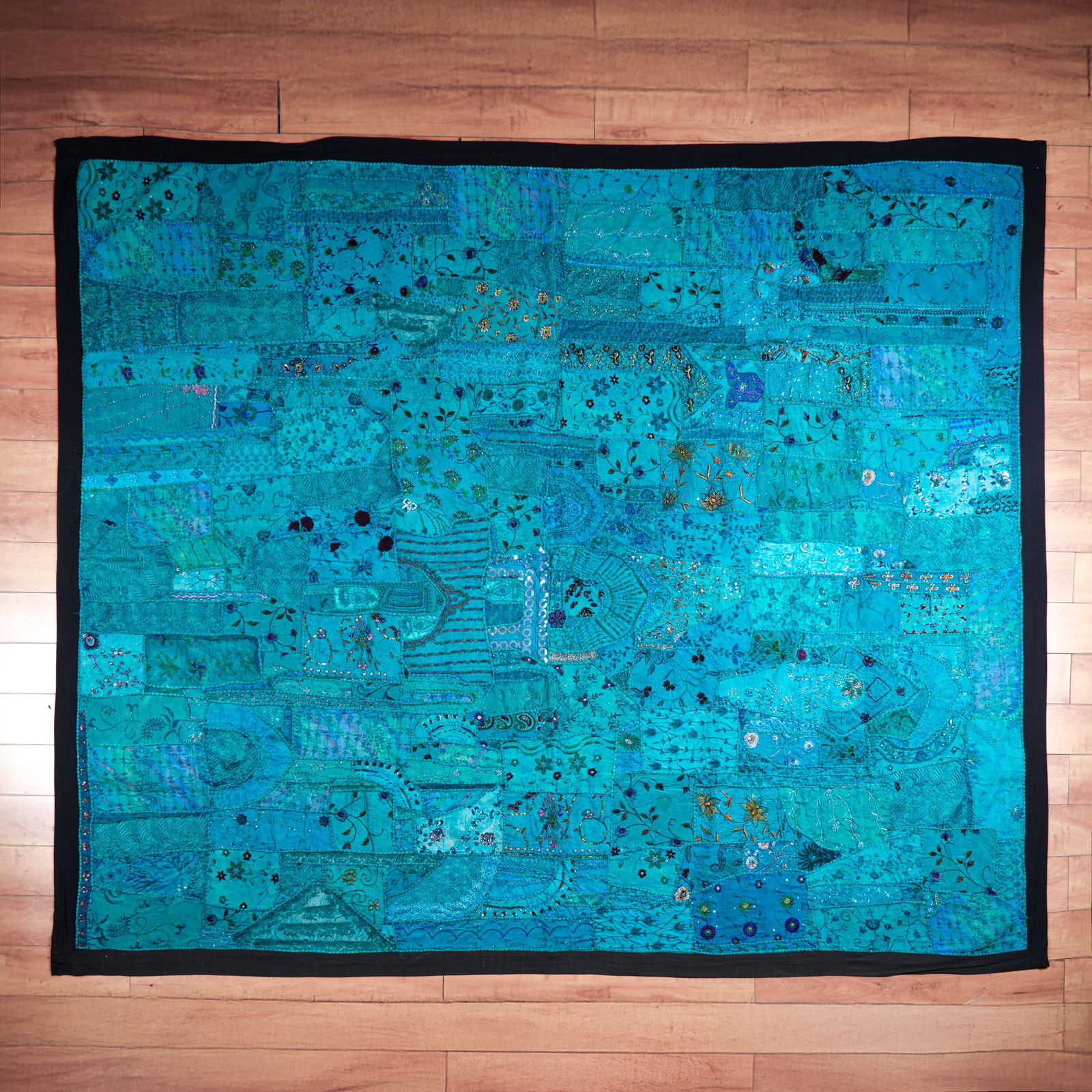 Indian Kashmiri Patchwork Embroidered & Beaded Turquoise Tapestry (1 of 7)