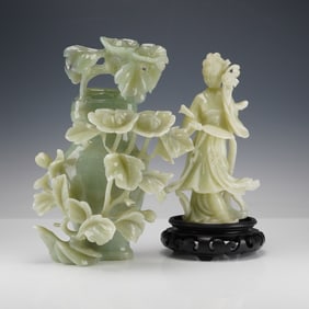 2pc Late 20th Century Carved Jade Vase and Figure