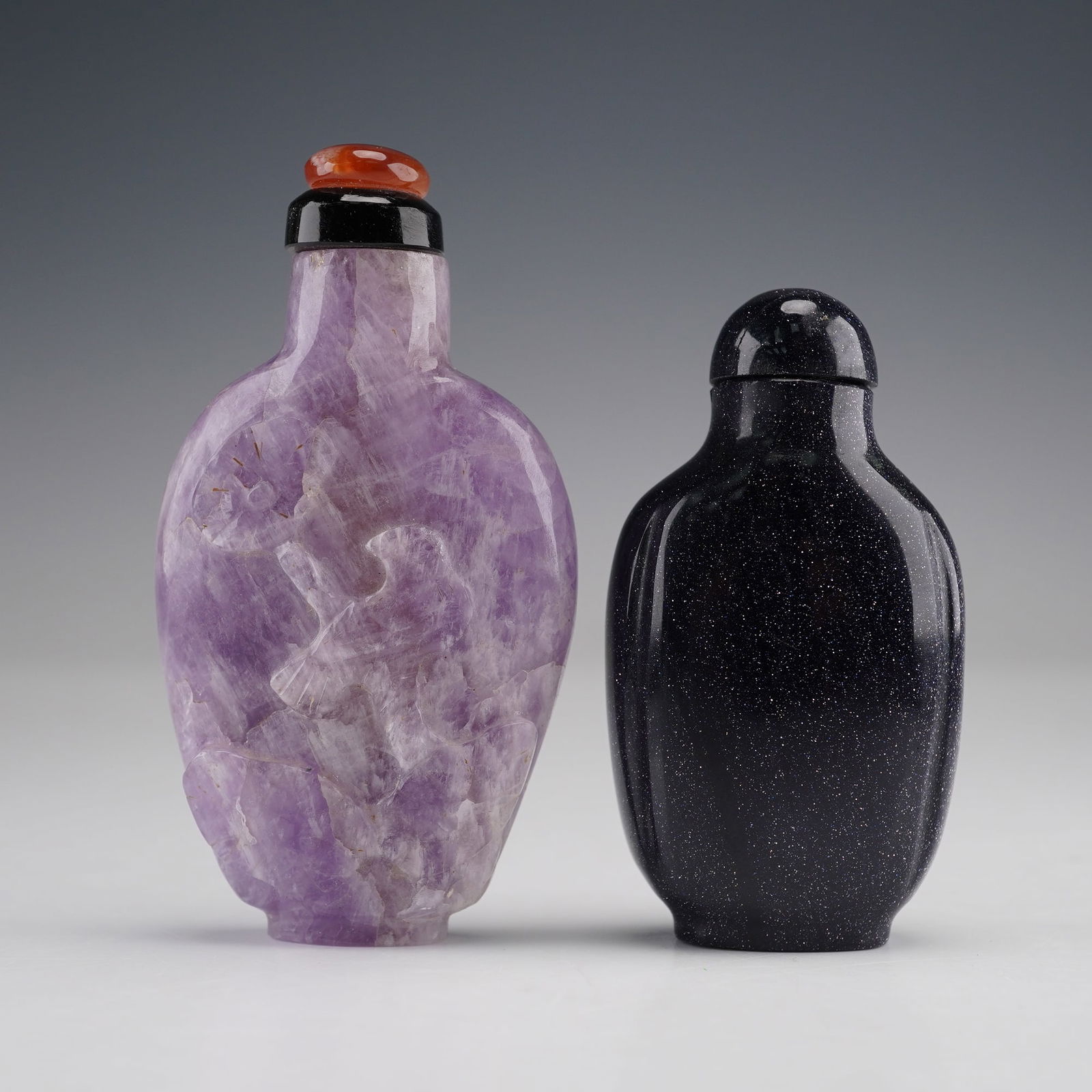 2pc Chinese Carved Amethyst and Blue Goldstone Snuff Bottles (1 of 5)