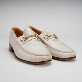 Pair of Gucci Men's Leather Horsebit White Loafers