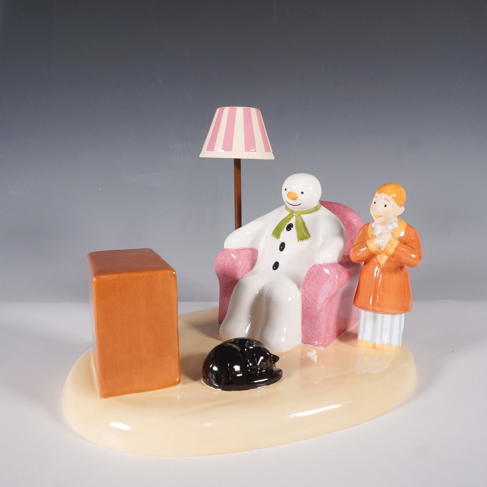 Coalport The Snowman "A Cold Night In" Figurine: A limited edition porcelain figurine from The Snowman series, titled "A Cold Night In." This charming vignette captures the Snowman and a young boy watching television together, accompanied by a cozy