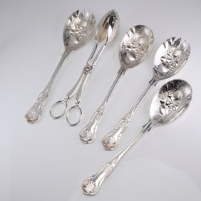 A Five-Piece Mixed Silver Plated Serving Set in the Kings Pattern