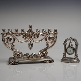 A Two-Piece Brighton Silver-Plated Scroll Menorah and Table Clock Set
