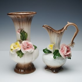 2pc Nuova Capodimonte Vintage Floral Pitcher & Vase