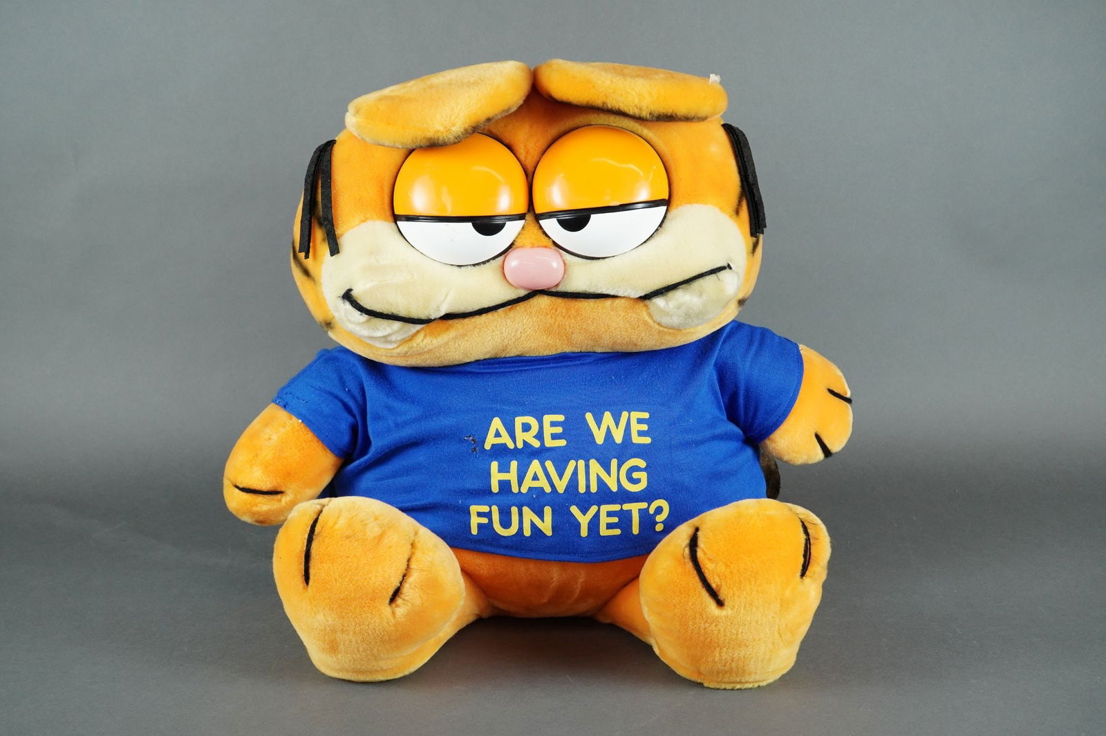 1981 Dakin Jumbo Garfield Plush Are We Having Fun Yet: This is a single vintage 1980s jumbo Garfield plush toy manufactured by Dakin, likely dating to the 1981 production run. The item depicts the famous comic strip character Garfield in his classic orang