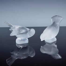 2pc Lalique France Frosted Crystal Bird Figurines
