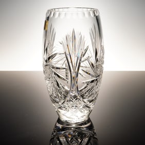 Polish Hand Cut Lead Crystal Vase with Starburst Medallion and Fan Panels