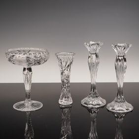 4pc Cut Glass Compote, Vase, and Pair of Candleholders
