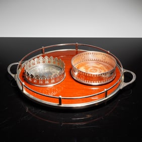 A Trio of Serving Wares: Wolff Formica Tray & Two Silverplate Wine