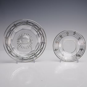 2pc Sterling Overlay Glass Plate and Small Round Plate