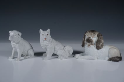 3pc Seated and Reclining Porcelain Dog Figurines