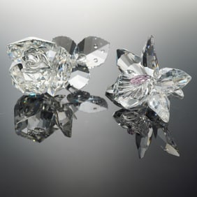 2pc Swarovski Crystal Rose and Orchid Figurines
