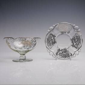 2pc Silver Overlay Glass Bowl and Plate