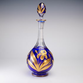 Baccarat Cobalt Cased Crystal Gilt Art Nouveau Decanter with Stopper